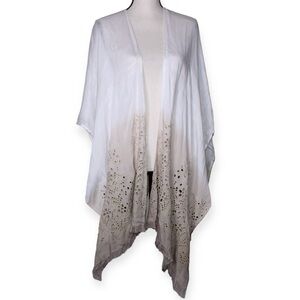 J Jill Kimono Duster One Size White Tan Ombre Silk Blend Resort Travel Fringe